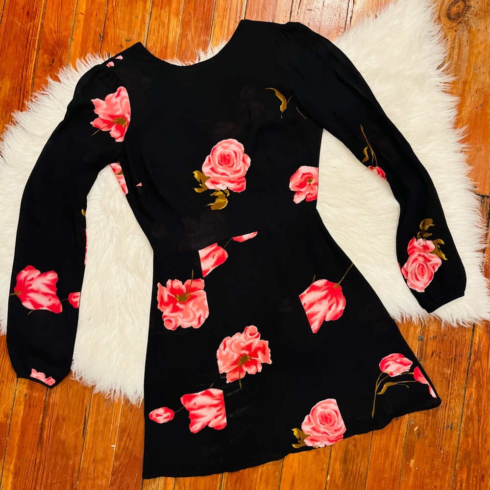 Reformation Black Mini Dress with Pink Rose Pattern. XS